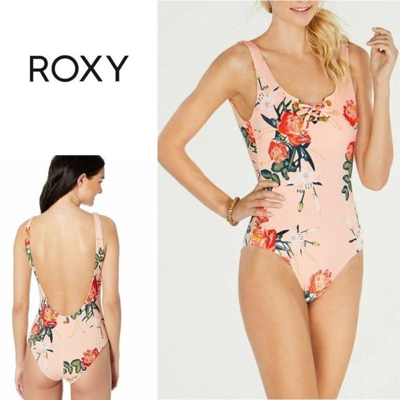 Roxy Classic One Piece Swimsuit Cloud Pink Garden Lily Floral Lace Up Small New - Picture 1 of 12